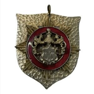 Vintage Shield Pendent Red Enamel Gold Tone Metal Coat Of Arms No Markings